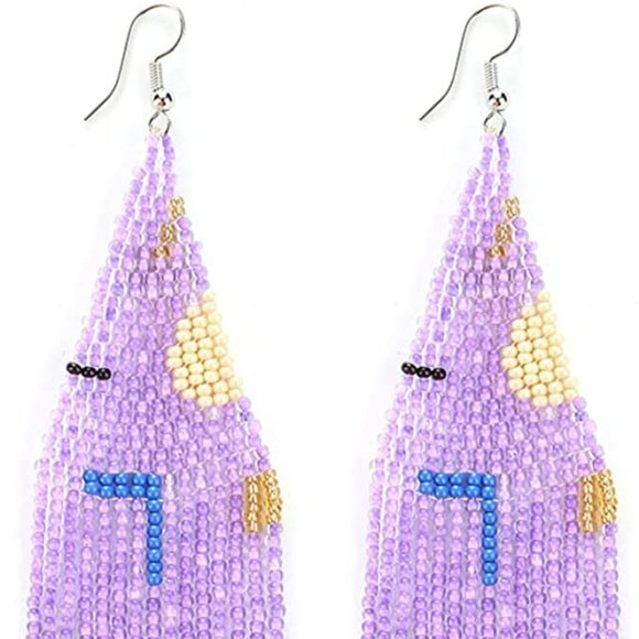 Long 5" Multicolor Abstract Lavender Handmade Beaded Oversized Boho Earrings New - Picture 5 of 6